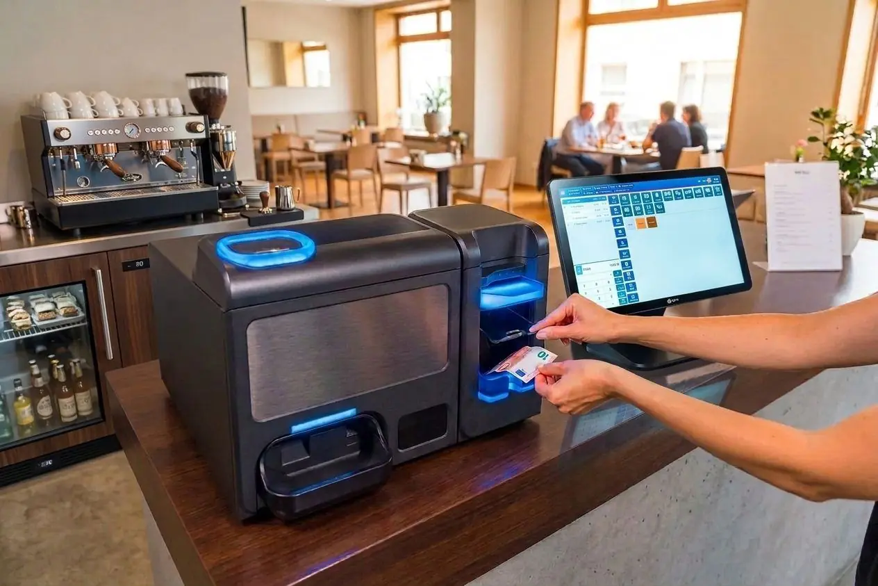 Máquina Cashlogy de gestión de efectivo junto a un TPV en una cafetería (imagen ilustrativa)